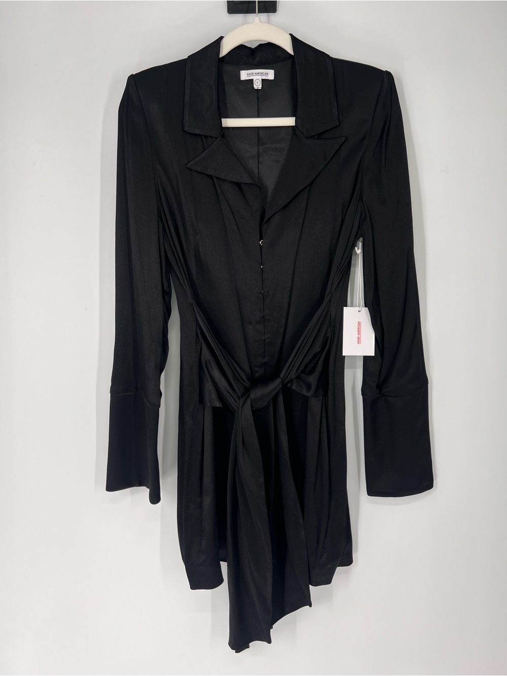 Good American Black Long Sleeve Corset Tie Front Collared Formal Mini Dress 2